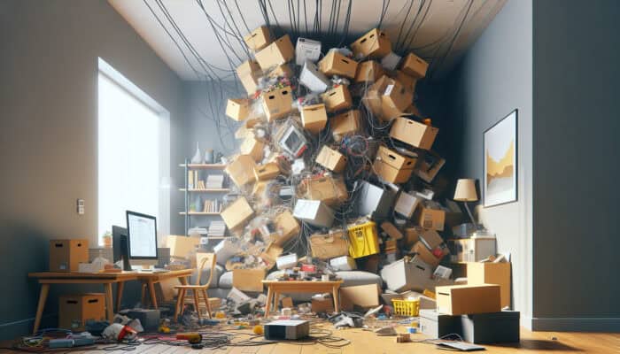 A cluttered living room during spring cleanup, with towering box stacks, teetering furniture, hidden wires, and sharp objects posing hazards.