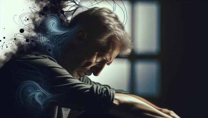 A weary middle-aged man slumped in a dimly lit room, his eyes heavy with fatigue and despair, surrounded by shadows of anxiety and a flicker of hope.