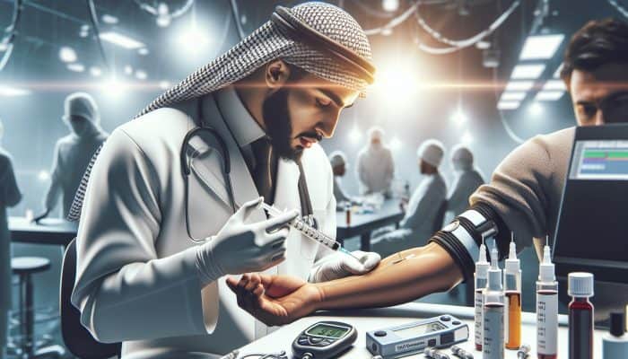 A healthcare professional draws blood from a patient in a sterile lab environment, surrounded by glucometers, HbA1c kits, and glucose charts under bright lights.