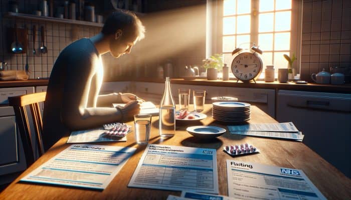 A patient in a sunlit kitchen at dawn, fasting beside an empty plate and water, while writing a medication list in a notebook, surrounded by NHS pamphlets and a clock indicating eight hours.
