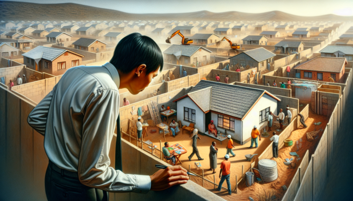 A buyer inspects a modest home in dusty Phalaborwa, South Africa, as construction and community gatherings transform the neighborhood.