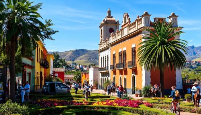 Vibrant outdoor scene in San Miguel de Allende showcasing colourful colonial architecture, lush gardens, and people enjoying hiking, biking, and horseback riding against a backdrop of rolling hills and a clear blue sky.