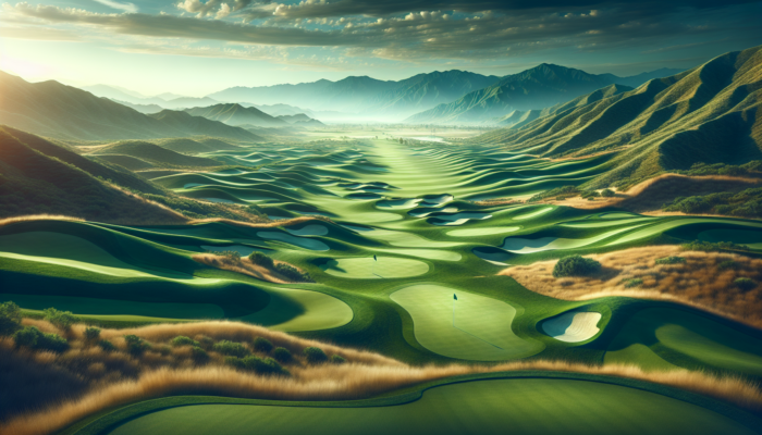 Best Golf Courses In Hawaii: A breathtaking golf course with undulating hills, lush emerald fairways, strategic bunkers, and panoramic mountain and lake views.