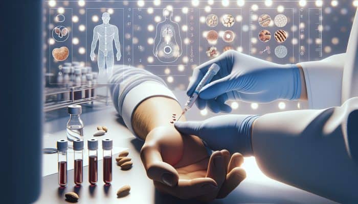 Close-up of a doctor in a clinic applying nut extracts and pricking a patient's forearm for a skin test, with blood vials and charts nearby.