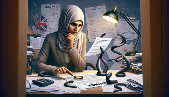 Analyst in a cluttered British office examines a quote with a magnifying glass, revealing shadowy serpents from fine print, symbolizing hidden costs.