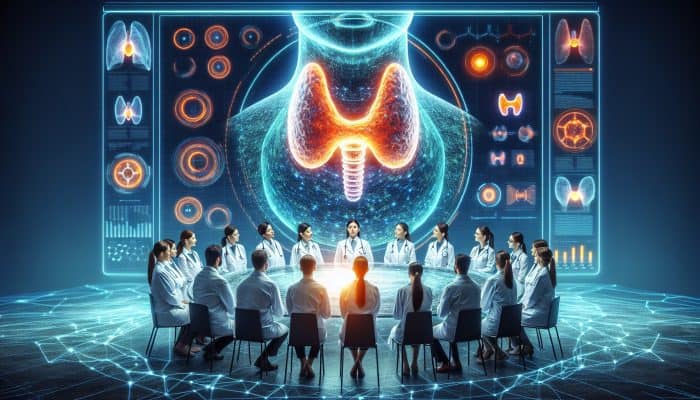 A diverse group of medical experts in white coats analyzing a holographic thyroid gland with fluctuating hormone graphs in a cutting-edge laboratory.