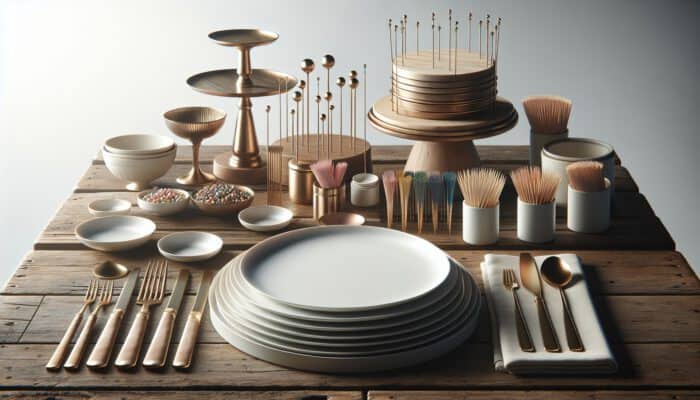A rustic wooden table displays a white plate, gold tiered stands, and colourful toothpicks in soft natural light.
