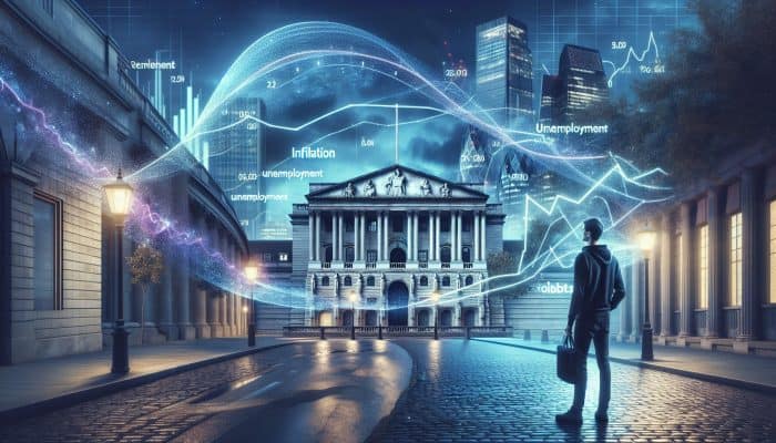 Illustration of London's Bank of England at twilight with digital overlays of inflation curves and unemployment bars; homeowner analyzing mortgage rate charts.