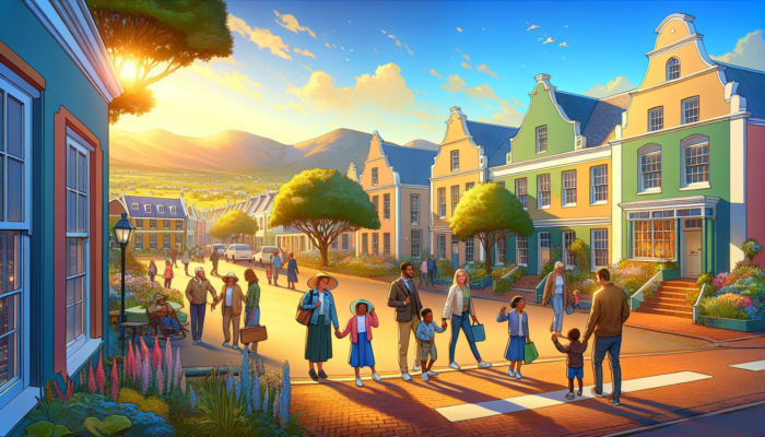 A lively street in historic Graaff-Reinet featuring Cape Dutch houses, flourishing gardens, families walking to school under a sunny sky.