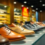 A row of men's dress shoes, showcasing Indonesian quality shoes in various styles and colours like brown and black, displayed on a glass shelf in a brightly lit shoe store. Shelves in the background hold more options, while a red "50% SALE" sign is partially seen.