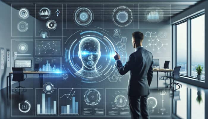A professional in a modern office reviews holographic charts on a digital dashboard with a virtual AI assistant hologram providing insights.