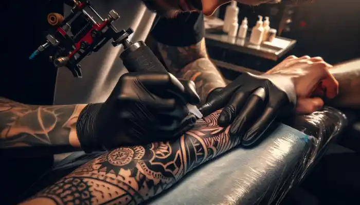 A focused tattoo artist in a busy UK parlour wears black nitrile gloves while applying an intricate design on a client's arm for safe tattooing.