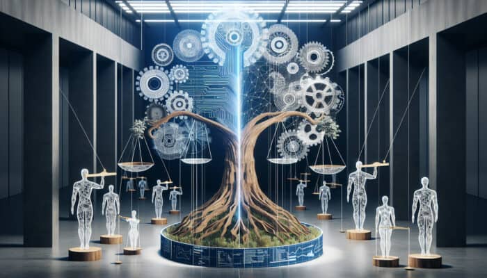 A towering growth tree emerges from gears and blueprints, with virtual assistants balancing quality and workload in a high-tech office.