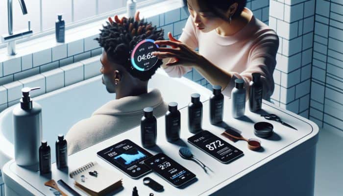 Close-up of a stylist applying hair gels to a model's textured hair in a bright bathroom, evaluating hold, sheen, and drying time with timers and notes.