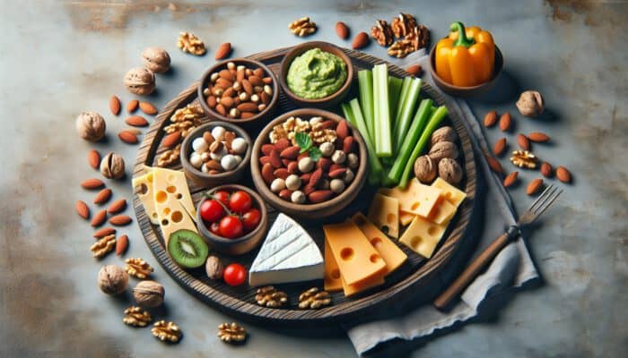 A vibrant platter of low-carb snacks: assorted nuts, cheeses, fresh vegetables, and dips on a rustic wooden surface.