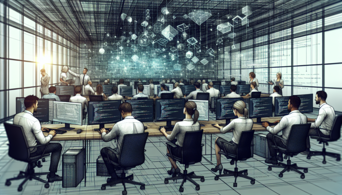 A busy UK ecommerce office in Keynsham: developers coding on screens, designers sketching interfaces, and managers overseeing the team.