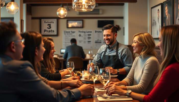 Waitstaff in a cozy restaurant warmly engaging smiling guests with personalized menu recommendations and a welcoming atmosphere.