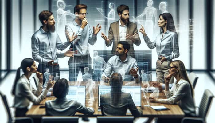 A diverse team collaborates in a modern conference room, analysing social media dashboards on large screens to plan events and adapt strategies.