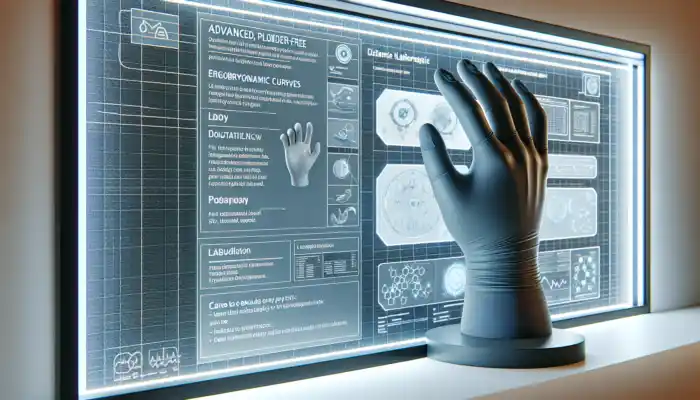 Close-up of innovative powder-free latex gauntlet gloves featuring ergonomic curves, textured fingertips, and flexible blends in a Colchester laboratory.