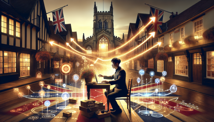 An analyst in historic Shaftesbury, UK, examining a glowing dashboard with rising graphs representing social media ROI metrics alongside British flags.