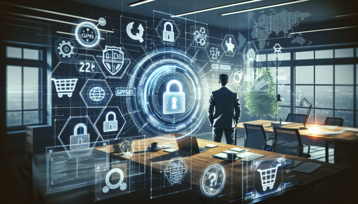 In a modern UK office, an entrepreneur reviews holographic GDPR locks and e-commerce icons, surrounded by shields and shopping carts symbolizing trust.
