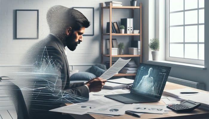 A determined renter in a tidy UK home office reviews financial documents and a credit check graph on a laptop for debt consolidation.