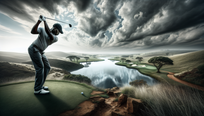 A golfer in KwaZulu-Natal aims a shot over a water hazard on a windy, hilly course with trees under a cloudy sky.