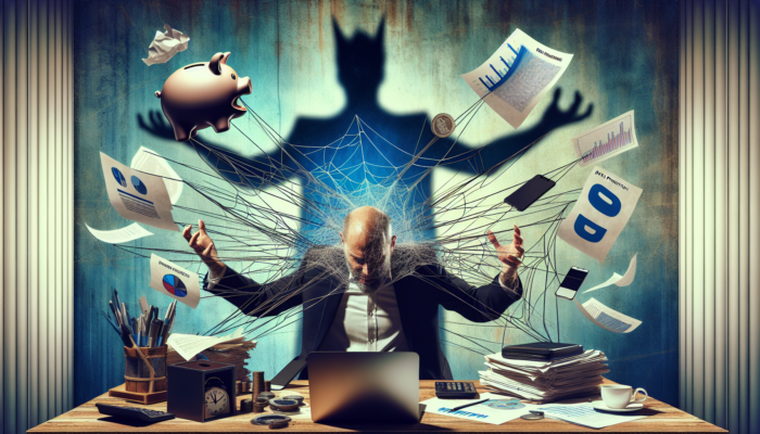 Stressed UK small business owner in cluttered office juggles cracked piggy bank, tangled legal documents, and looming corporate shadow on laptop.