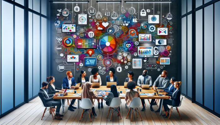 Diverse team of small business owners brainstorming e-commerce marketing at a modern desk, with laptops showing colourful ads, demographic charts, and social media icons.