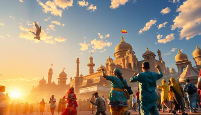A lively global festival with diverse people in colorful traditional attire dancing, sampling street foods, and exploring landmarks at sunset.