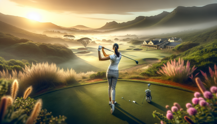 Skilled golfer in professional attire swings on lush Kokstad greens, surrounded by misty hills, wildflowers, and a golden sunset, symbolizing expertise.