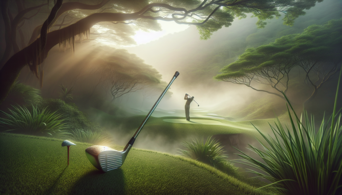 A golfer swings durable Callaway and TaylorMade clubs on a lush, misty KZN course in South Africa, showcasing rust-resistant metals.