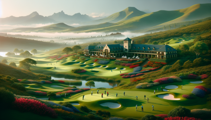 Iconic Kloof Country Club: Lush green golf courses on rolling hills, grand colonial clubhouse, vibrant gardens, misty mountains, and golfers under a blue sky.