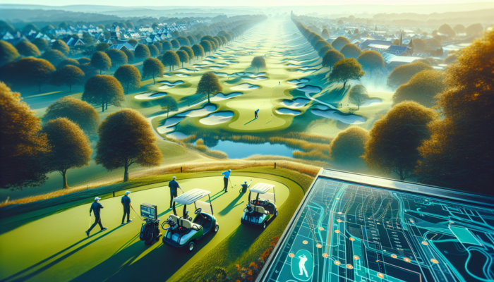 Aerial view of Windsor Park Golf Course at sunrise: lush greens, golfers playing, electric carts, staff with tech under blue sky.