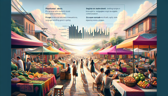 Bustling local market with WooCommerce stalls showcasing handmade goods on screens, customers browsing apps, rising sales graphs under a sunny sky.