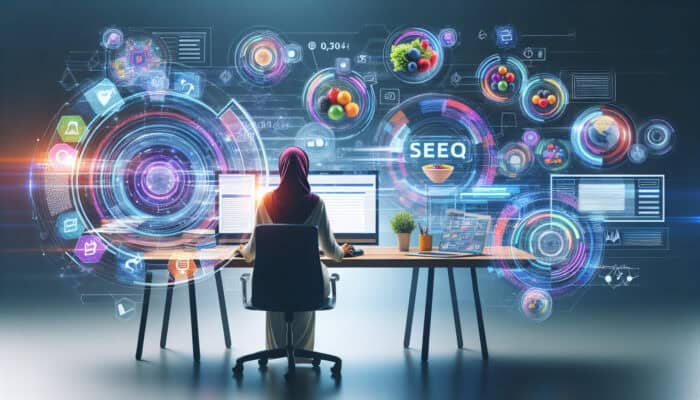 A dedicated analyst at a modern desk, surrounded by floating holographic keywords, reviewing SEO graphs on multiple screens.