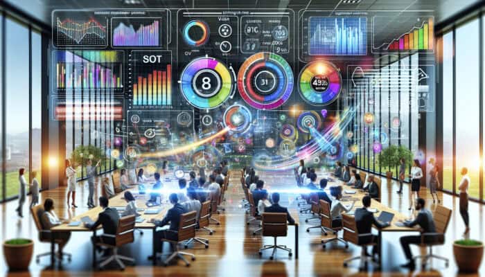 Modern office dashboard showing rising video engagement graphs and declining watch times, with analysts reviewing trends for SEO optimisation.