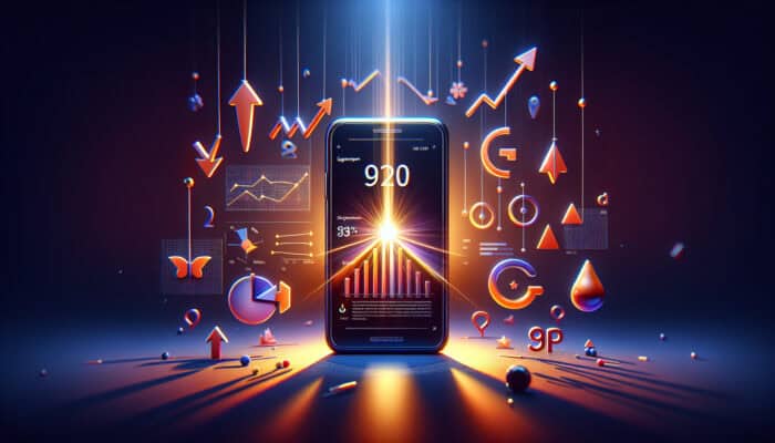 A smartphone displaying a responsive website with Google Analytics dashboards showing declining bounce rates and rising session durations, symbolizing mobile optimization success.