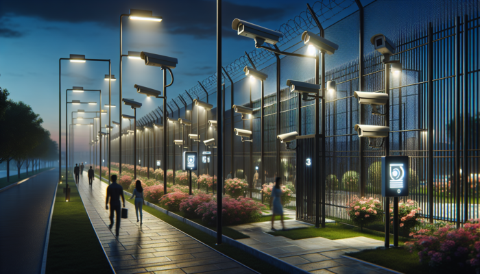 A secure gated community at dusk with surveillance cameras, patrolling guards, reinforced fences, and lights, as residents stroll flower-lined paths.