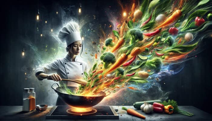 A skilled chef stir-fries colorful carrots, broccoli, bell peppers, zucchini, and greens in a sizzling wok for balanced cooking.