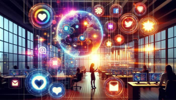 Strategist analysing dashboard graphs of rising likes, shares, and comments for hashtags in a modern office with social media icons.