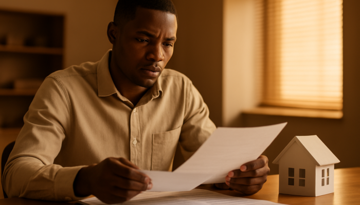 Determined South African applicant reviewing payslips and contracts for home loan with bank.