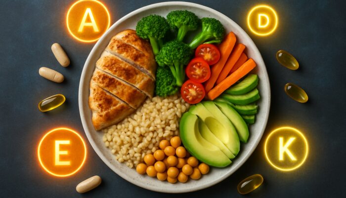 A balanced plate featuring sections for protein, carbohydrates, and fats next to supplement capsules and vitamin icons.