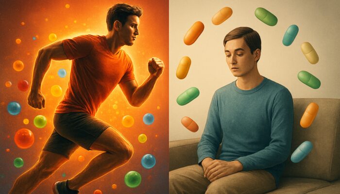 Illustration contrasting an energetic athlete with antioxidant multivitamins alongside a calm, sedentary figure with nutrient capsules.